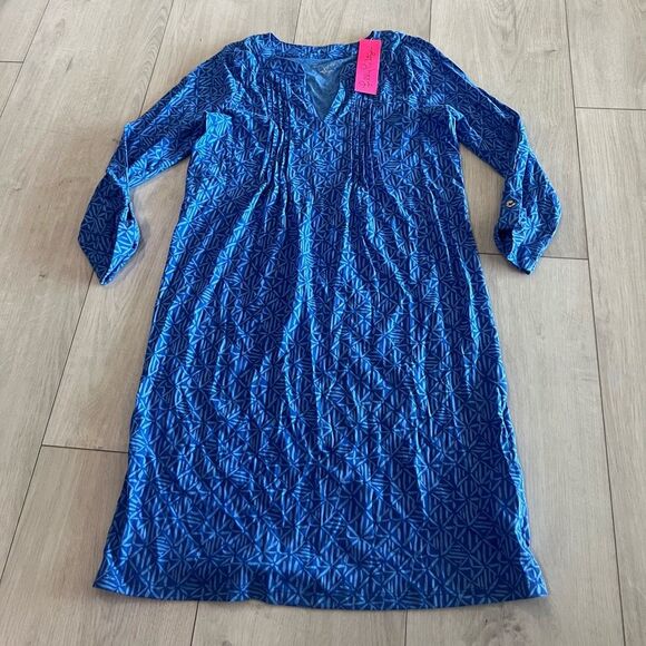 Lilly Pulitzer Fairfax 3/4 Sleeve Dress Alba Blue Easy Peasy Pintucks size xs - Picture 1 of 9